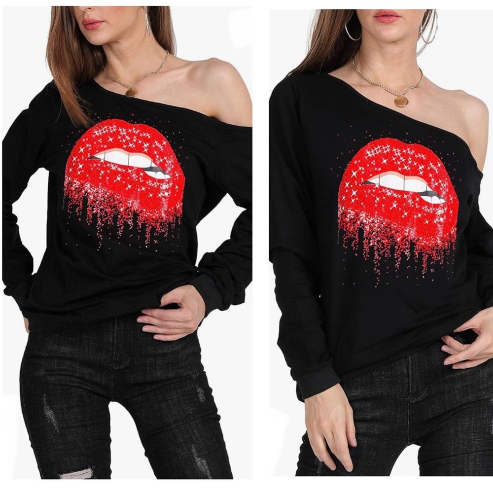 New Magicmk Black Off Shoulder Dripping Red Glitter Lips Sweatshirt Top